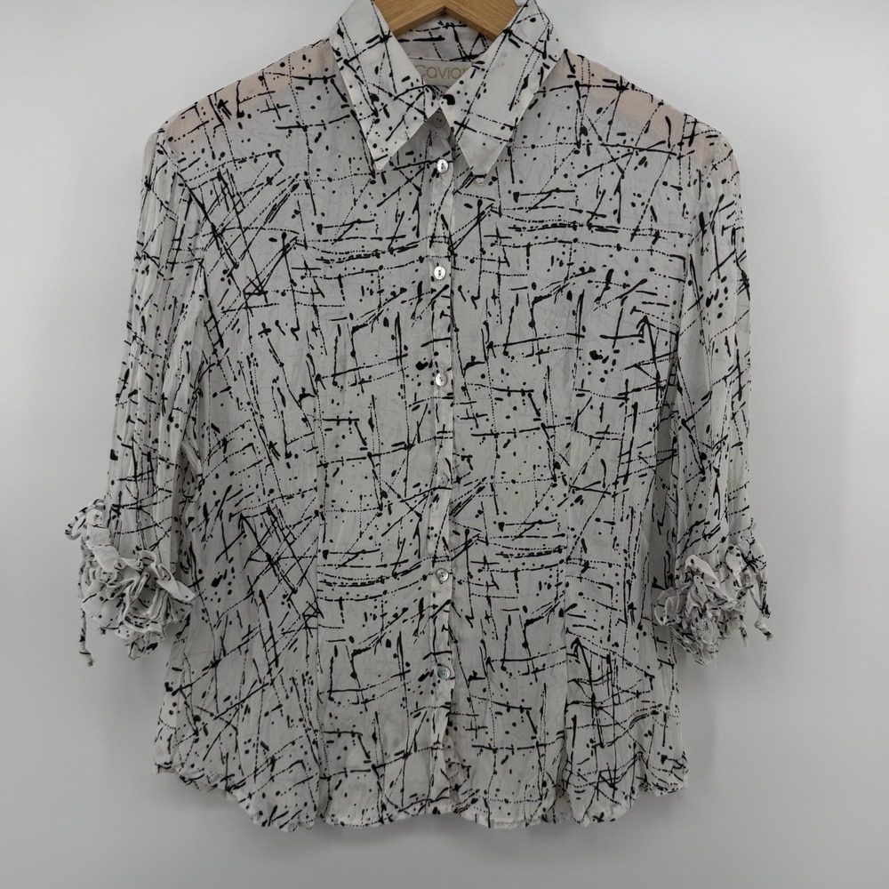 Caviar Womens Black White Abstract Print Ruffle Tie Sleeve Button Up Blouse M